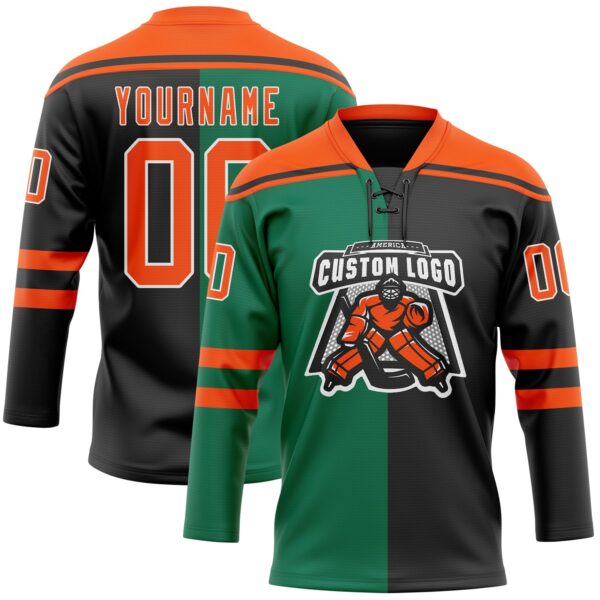 Custom Black Orange Kelly Green-White Split Fashion Hockey Lace Neck Jersey