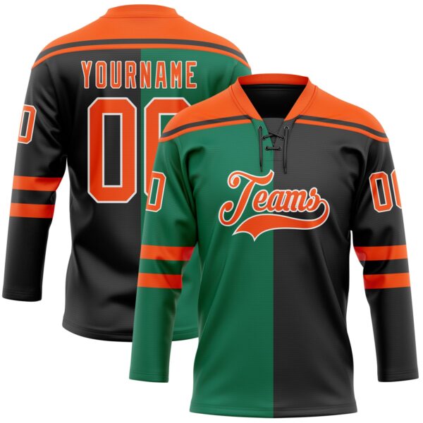 Custom Black Orange Kelly Green-White Split Fashion Hockey Lace Neck Jersey