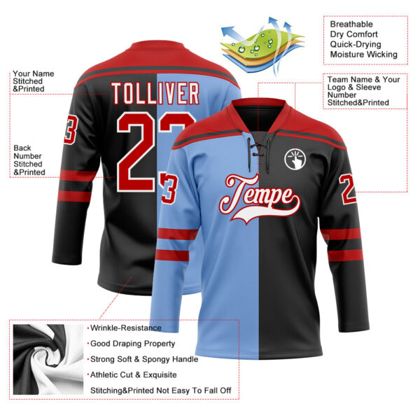 Custom Black Red Powder Blue-White Split Fashion Hockey Lace Neck Jersey