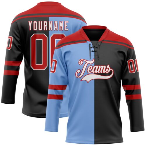 Custom Black Red Powder Blue-White Split Fashion Hockey Lace Neck Jersey