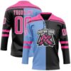 Custom Black Pink Powder Blue-White Split Fashion Hockey Lace Neck Jersey