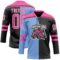 Custom Black Pink Powder Blue-White Split Fashion Hockey Lace Neck Jersey