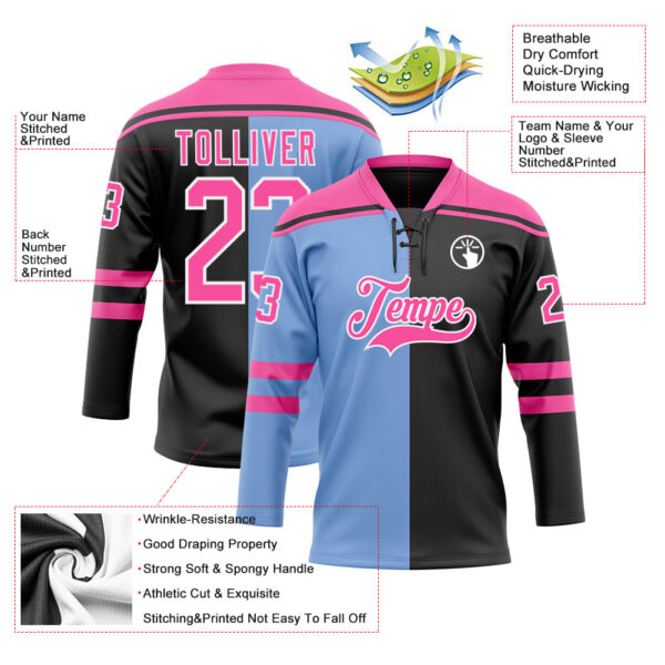 Custom Black Pink Powder Blue-White Split Fashion Hockey Lace Neck Jersey