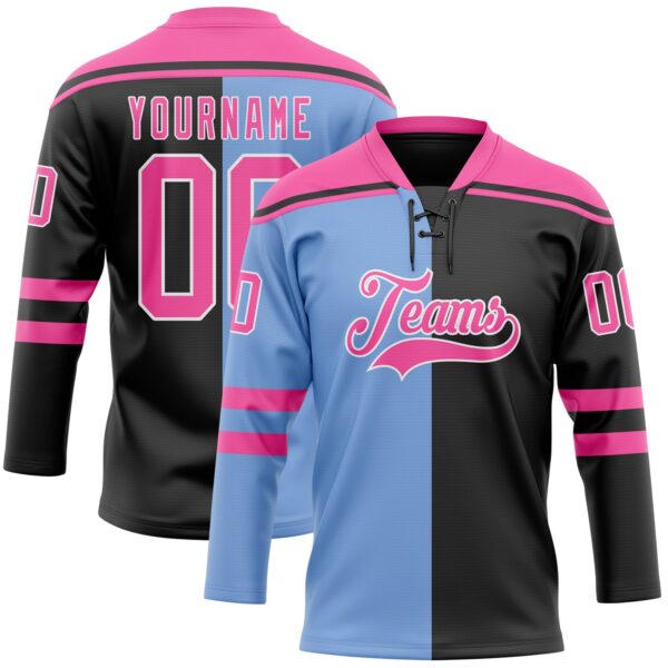 Custom Black Pink Powder Blue-White Split Fashion Hockey Lace Neck Jersey