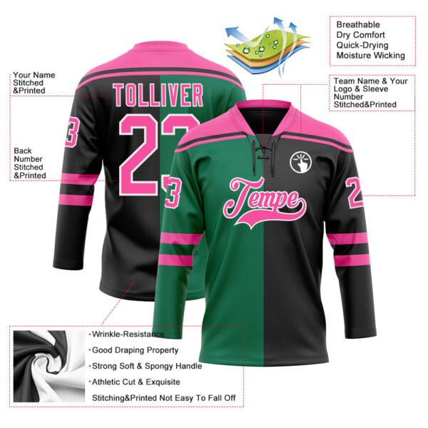Custom Black Pink Kelly Green-White Split Fashion Hockey Lace Neck Jersey