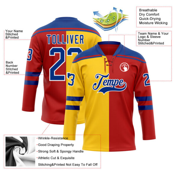 Custom Red Royal Yellow-White Split Fashion Hockey Lace Neck Jersey