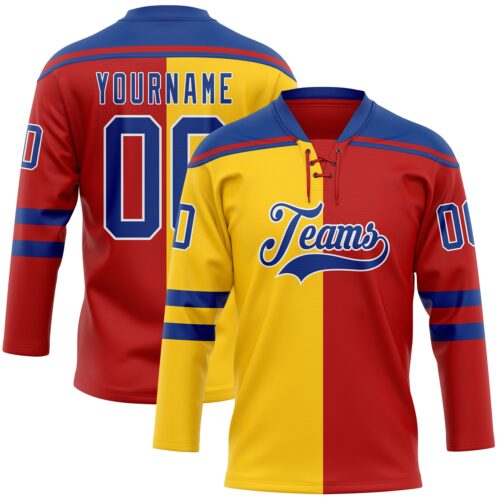 Custom Red Royal Yellow-White Split Fashion Hockey Lace Neck Jersey