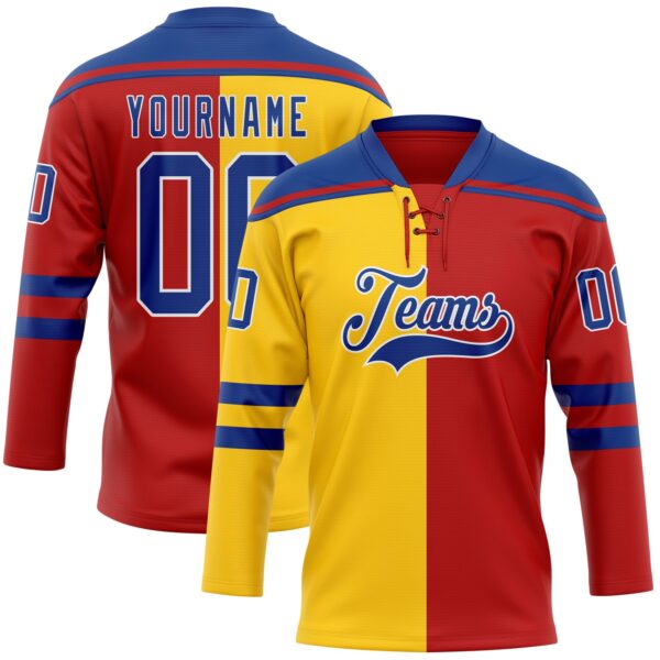 Custom Red Royal Yellow-White Split Fashion Hockey Lace Neck Jersey