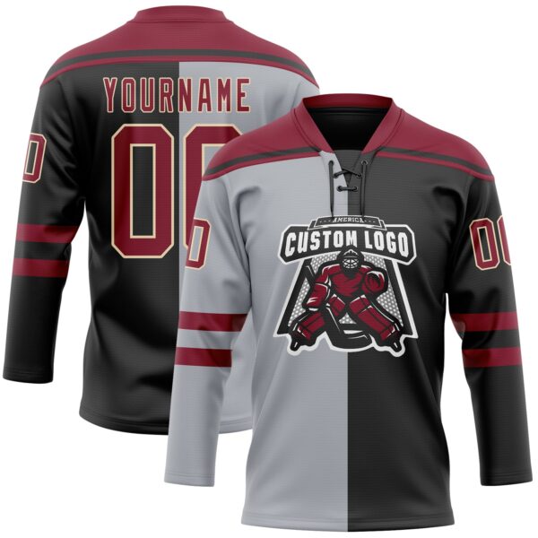 Custom Black Crimson Gray-Cream Split Fashion Hockey Lace Neck Jersey