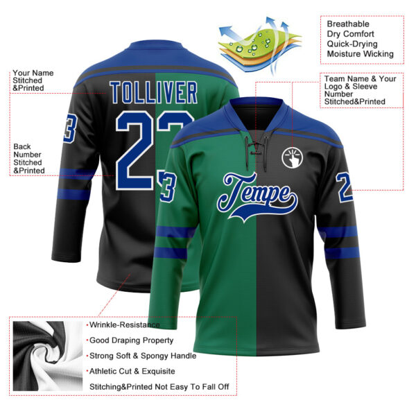 Custom Black Royal Kelly Green-White Split Fashion Hockey Lace Neck Jersey