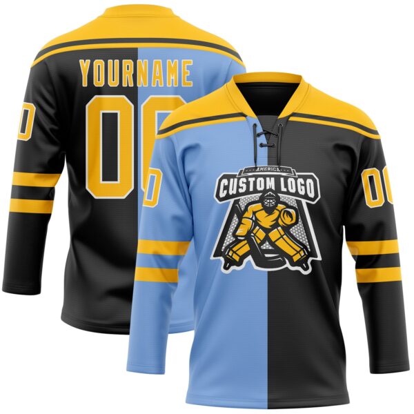 Custom Black Gold Powder Blue-White Split Fashion Hockey Lace Neck Jersey