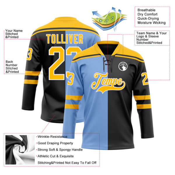Custom Black Gold Powder Blue-White Split Fashion Hockey Lace Neck Jersey