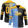 Custom Black Gold Powder Blue-White Split Fashion Hockey Lace Neck Jersey