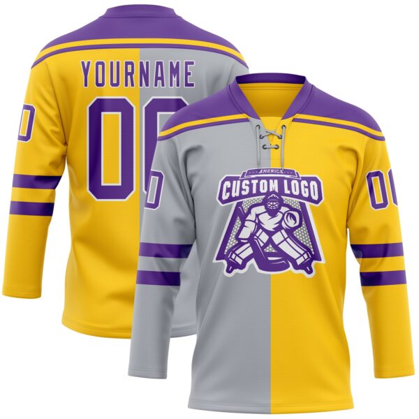 Custom Yellow Purple Gray-White Split Fashion Hockey Lace Neck Jersey