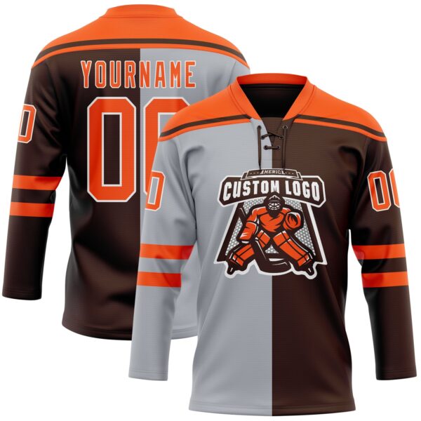 Custom Brown Orange Gray-White Split Fashion Hockey Lace Neck Jersey