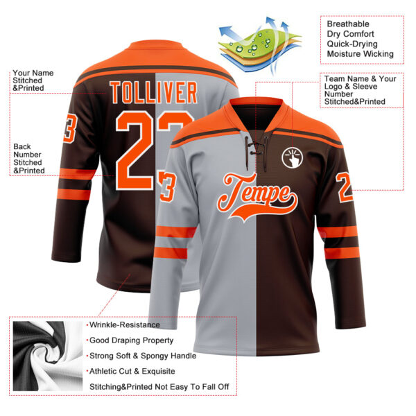 Custom Brown Orange Gray-White Split Fashion Hockey Lace Neck Jersey
