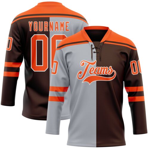 Custom Brown Orange Gray-White Split Fashion Hockey Lace Neck Jersey