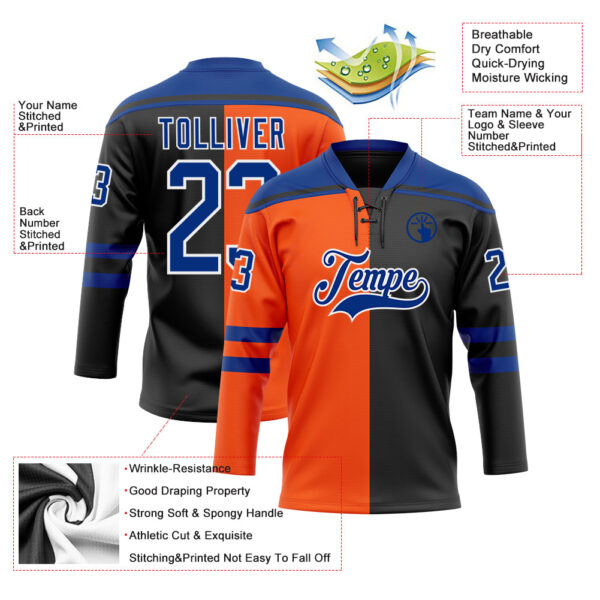Custom Black Royal Orange-White Split Fashion Hockey Lace Neck Jersey
