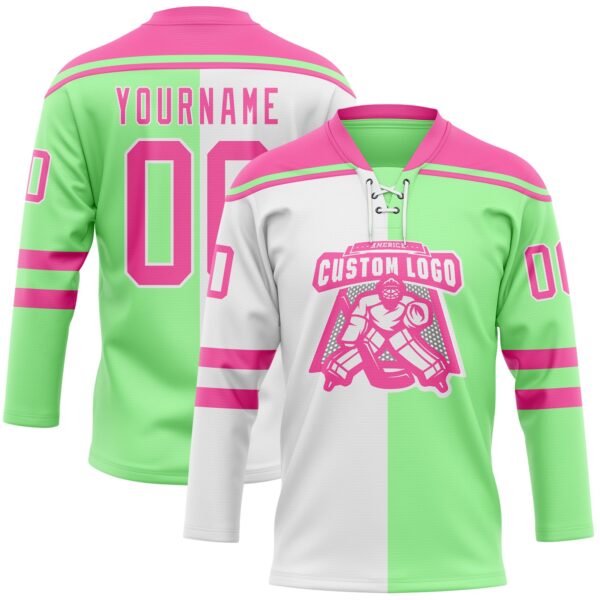 Custom Pea Green Pink-White Split Fashion Hockey Lace Neck Jersey