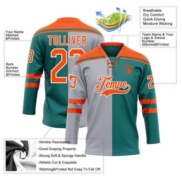 Custom Teal Orange Gray-White Split Fashion Hockey Lace Neck Jersey