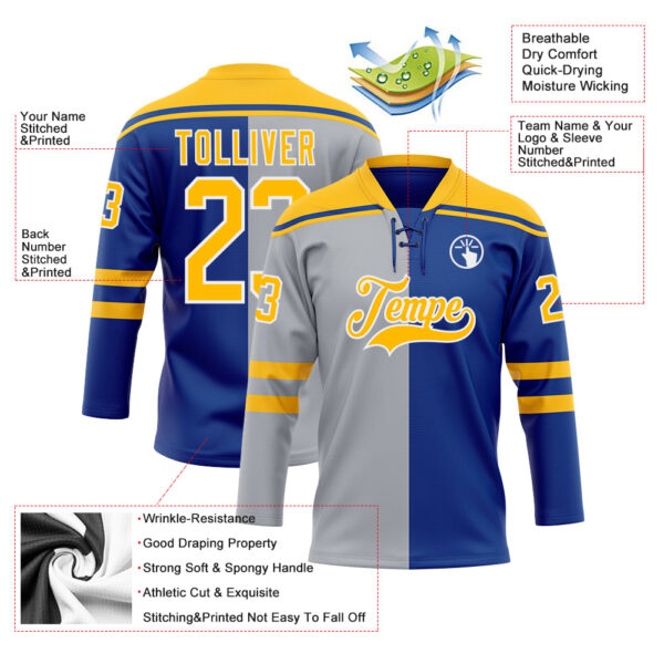 Custom Royal Gold Gray-White Split Fashion Hockey Lace Neck Jersey