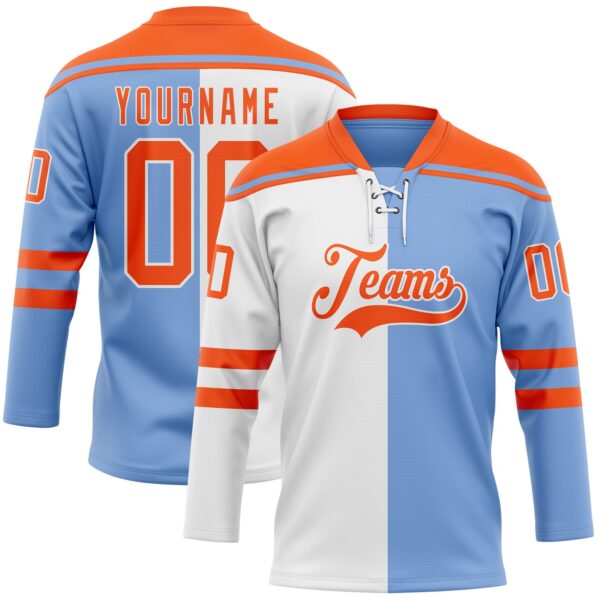 Custom Powder Blue Orange-White Split Fashion Hockey Lace Neck Jersey