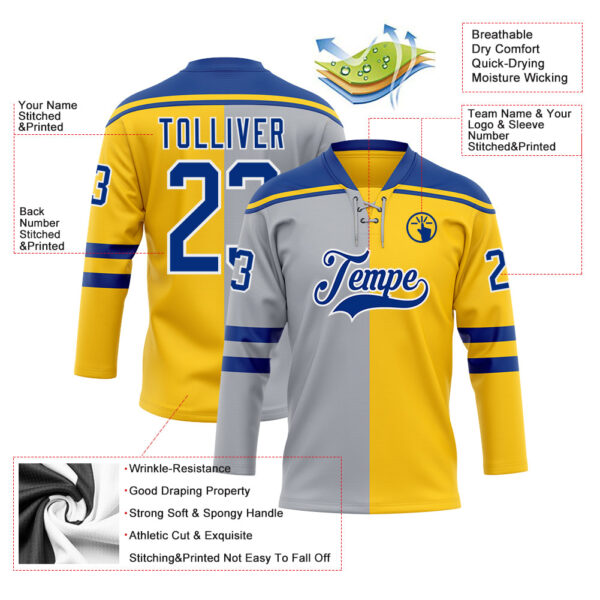 Custom Yellow Royal Gray-White Split Fashion Hockey Lace Neck Jersey