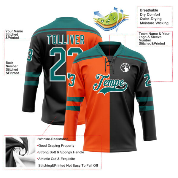 Custom Black Teal Orange-White Split Fashion Hockey Lace Neck Jersey