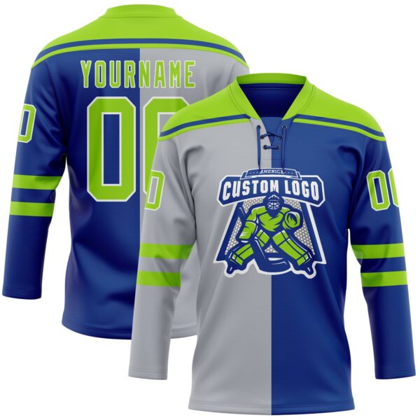 Custom Royal Neon Green Gray-White Split Fashion Hockey Lace Neck Jersey