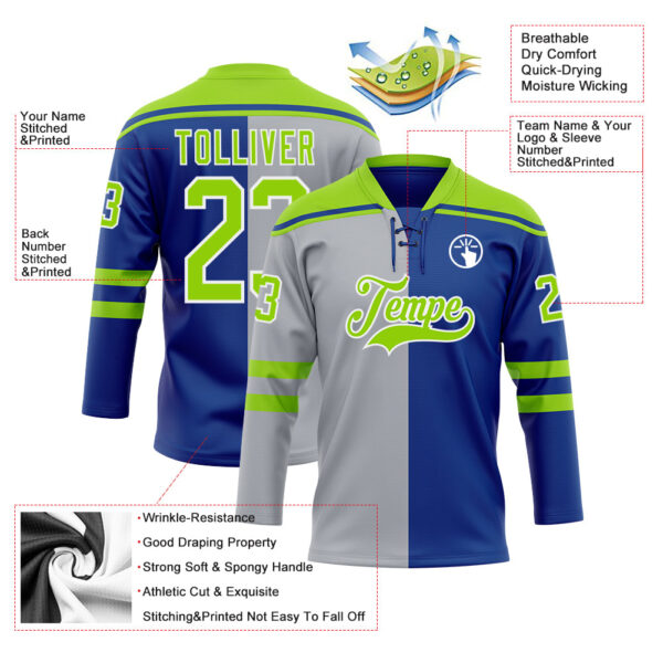 Custom Royal Neon Green Gray-White Split Fashion Hockey Lace Neck Jersey