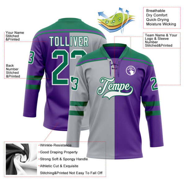 Custom Purple Kelly Green Gray-White Split Fashion Hockey Lace Neck Jersey