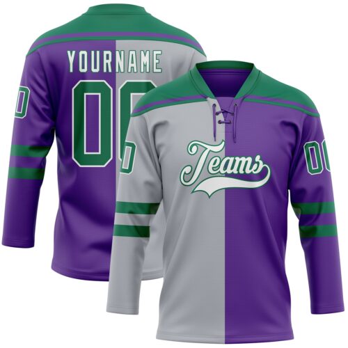 SplitF1262 Custom Purple Kelly Green Gray-White Split Fashion Hockey Lace Neck Jersey