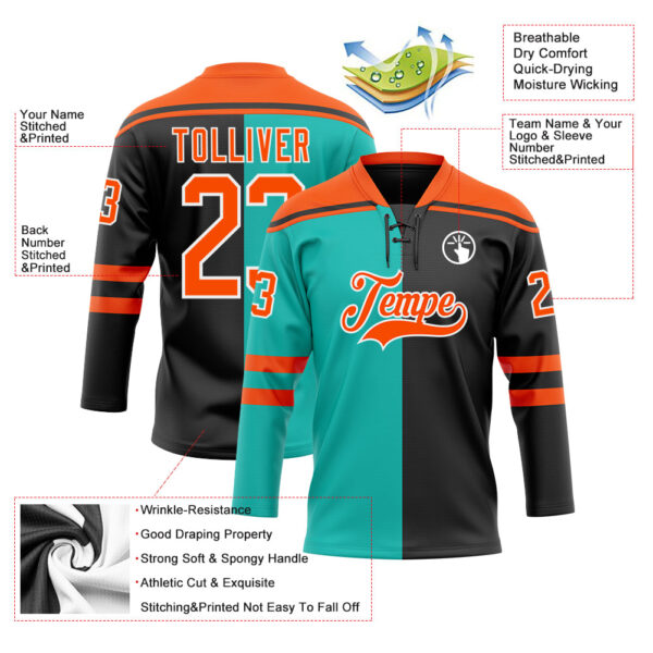 Custom Black Orange Aqua-White Split Fashion Hockey Lace Neck Jersey