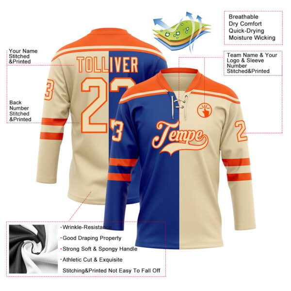 Custom Cream Royal-Orange Split Fashion Hockey Lace Neck Jersey