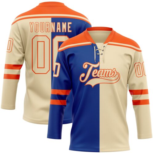 SplitF1264 Custom Cream Royal-Orange Split Fashion Hockey Lace Neck Jersey