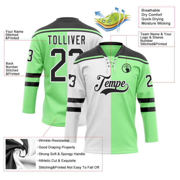 Custom Pea Green Black-White Split Fashion Hockey Lace Neck Jersey