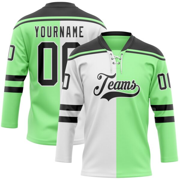 Custom Pea Green Black-White Split Fashion Hockey Lace Neck Jersey