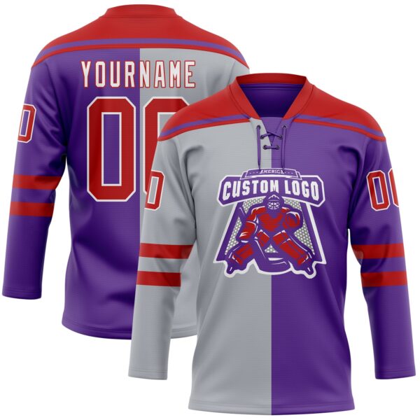 Custom Purple Red Gray-White Split Fashion Hockey Lace Neck Jersey