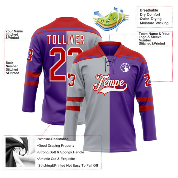 Custom Purple Red Gray-White Split Fashion Hockey Lace Neck Jersey
