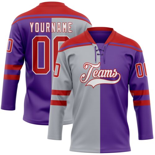 SplitF1266 Custom Purple Red Gray-White Split Fashion Hockey Lace Neck Jersey
