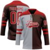 Custom Brown Red Gray-White Split Fashion Hockey Lace Neck Jersey