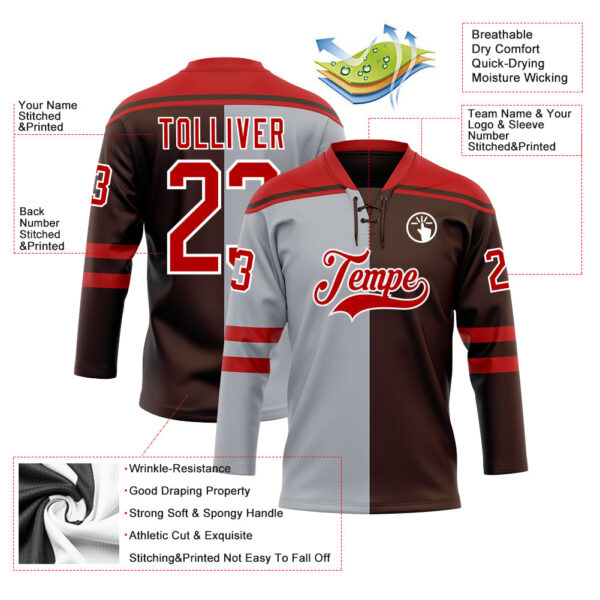 Custom Brown Red Gray-White Split Fashion Hockey Lace Neck Jersey