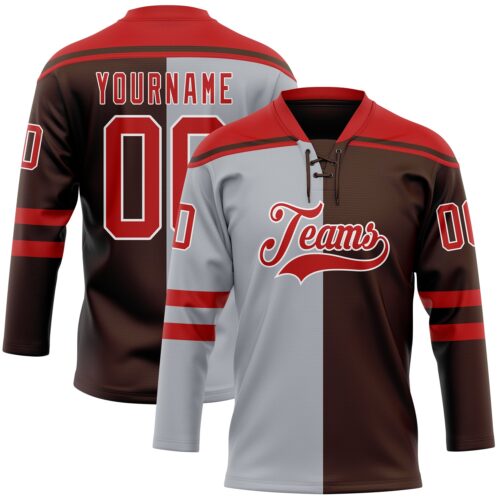 SplitF1267 Custom Brown Red Gray-White Split Fashion Hockey Lace Neck Jersey
