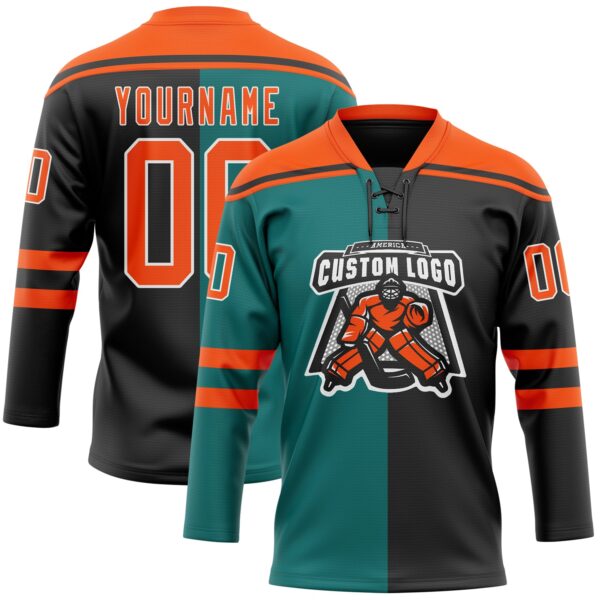 Custom Black Orange Teal-White Split Fashion Hockey Lace Neck Jersey