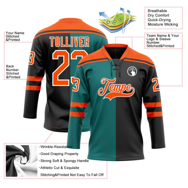 Custom Black Orange Teal-White Split Fashion Hockey Lace Neck Jersey