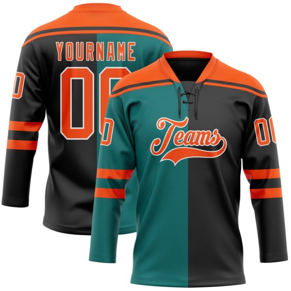 Custom Black Orange Teal-White Split Fashion Hockey Lace Neck Jersey