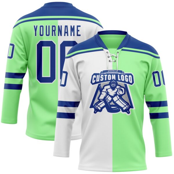 Custom Pea Green Royal-White Split Fashion Hockey Lace Neck Jersey