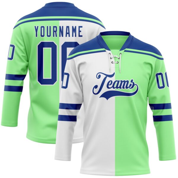 Custom Pea Green Royal-White Split Fashion Hockey Lace Neck Jersey