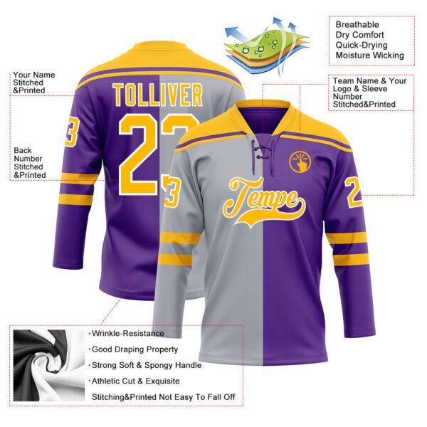 Custom Purple Gold Gray-White Split Fashion Hockey Lace Neck Jersey