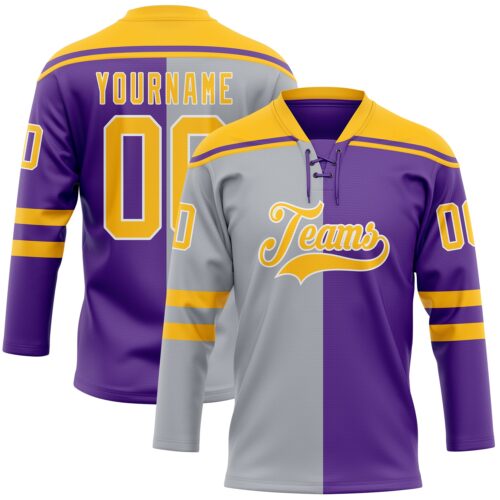 SplitF1270 Custom Purple Gold Gray-White Split Fashion Hockey Lace Neck Jersey